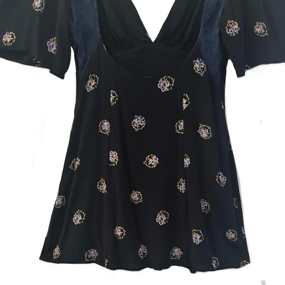Free People Mockingbird Lace Inset Black Floral Mini‎ Dress Women's Size 2
